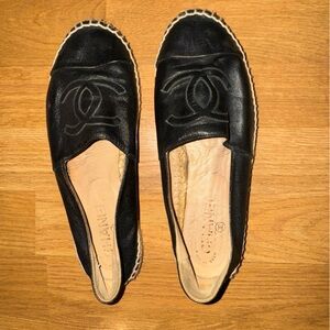 CHANEL Black Leather Espadrilles
